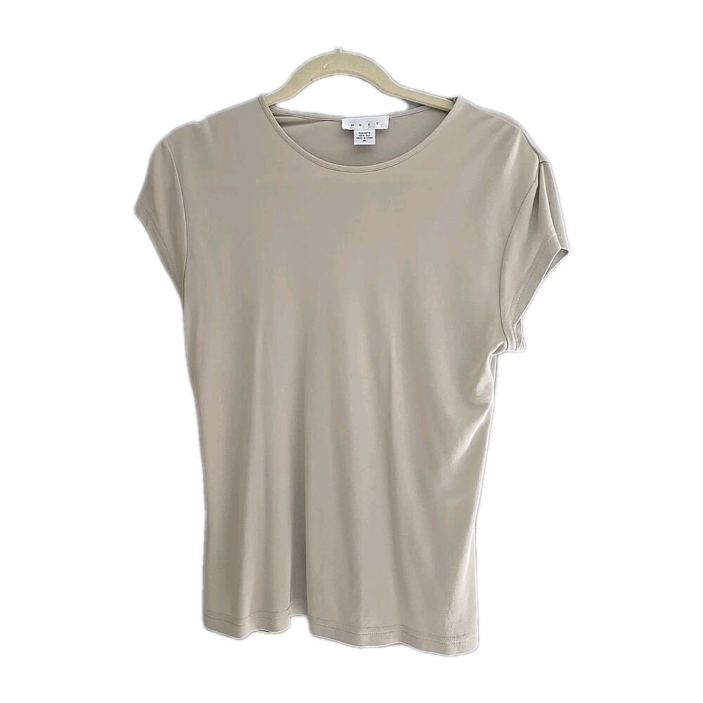 GETT Tan 100% Silk Crew Neck‎ Relaxed Short Sleeve Casual Top Womans Size Medium